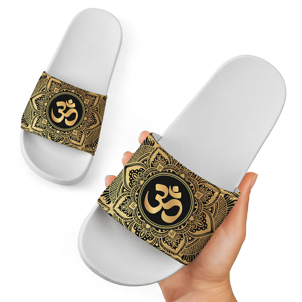 Gold Om Mandala Print White Slide Sandals