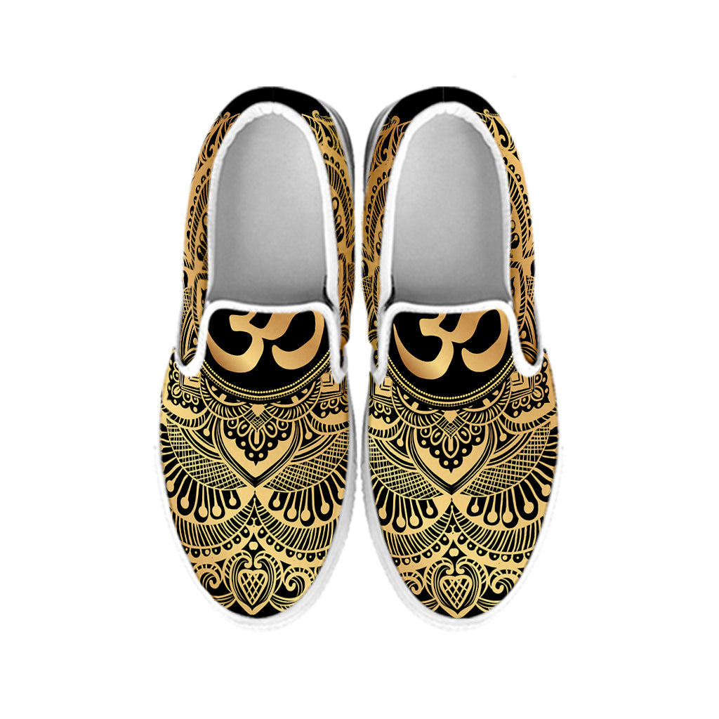 Gold Om Mandala Print White Slip On Shoes