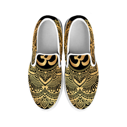 Gold Om Mandala Print White Slip On Shoes