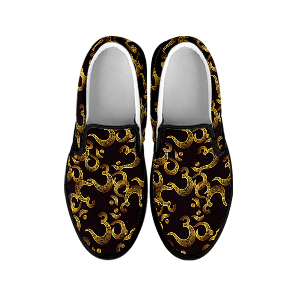 Gold Om Symbol Pattern Print Black Slip On Shoes