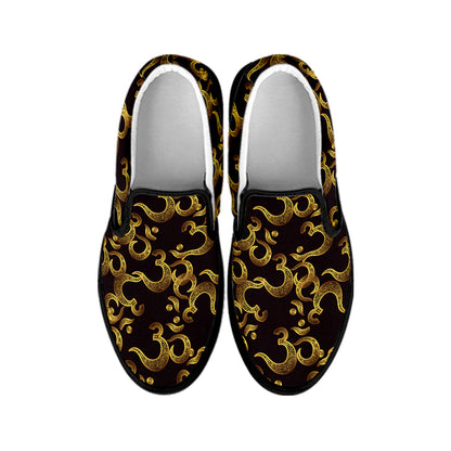 Gold Om Symbol Pattern Print Black Slip On Shoes