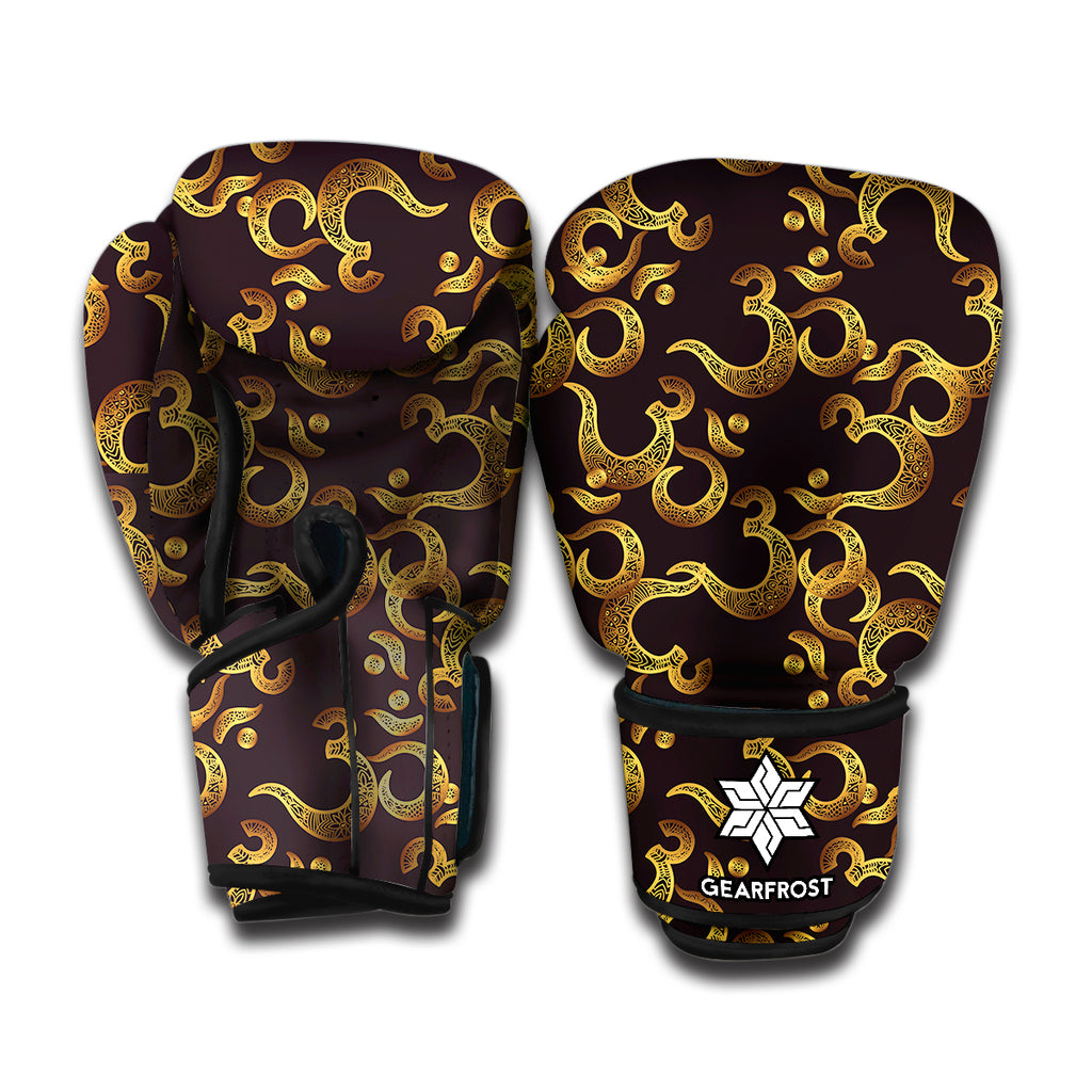 Gold Om Symbol Pattern Print Boxing Gloves