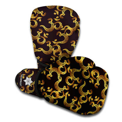 Gold Om Symbol Pattern Print Boxing Gloves