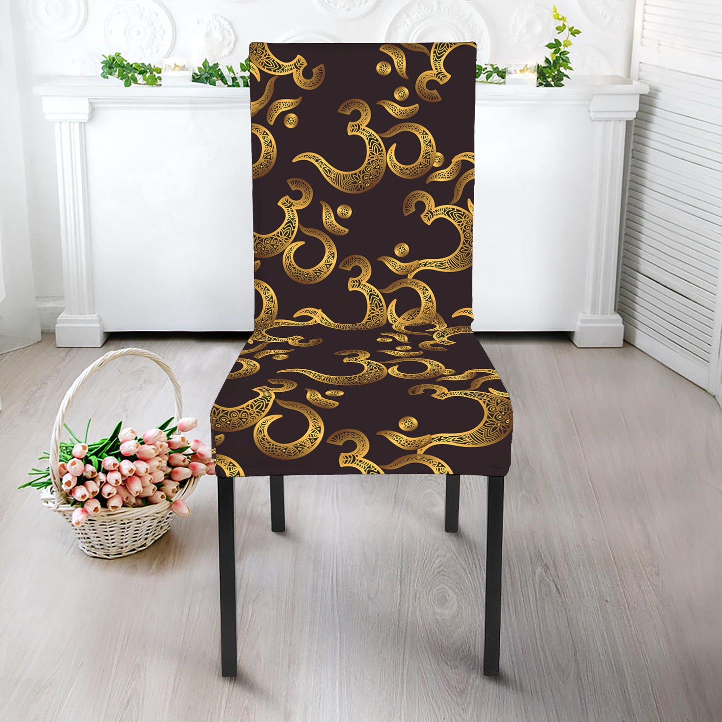 Gold Om Symbol Pattern Print Dining Chair Slipcover