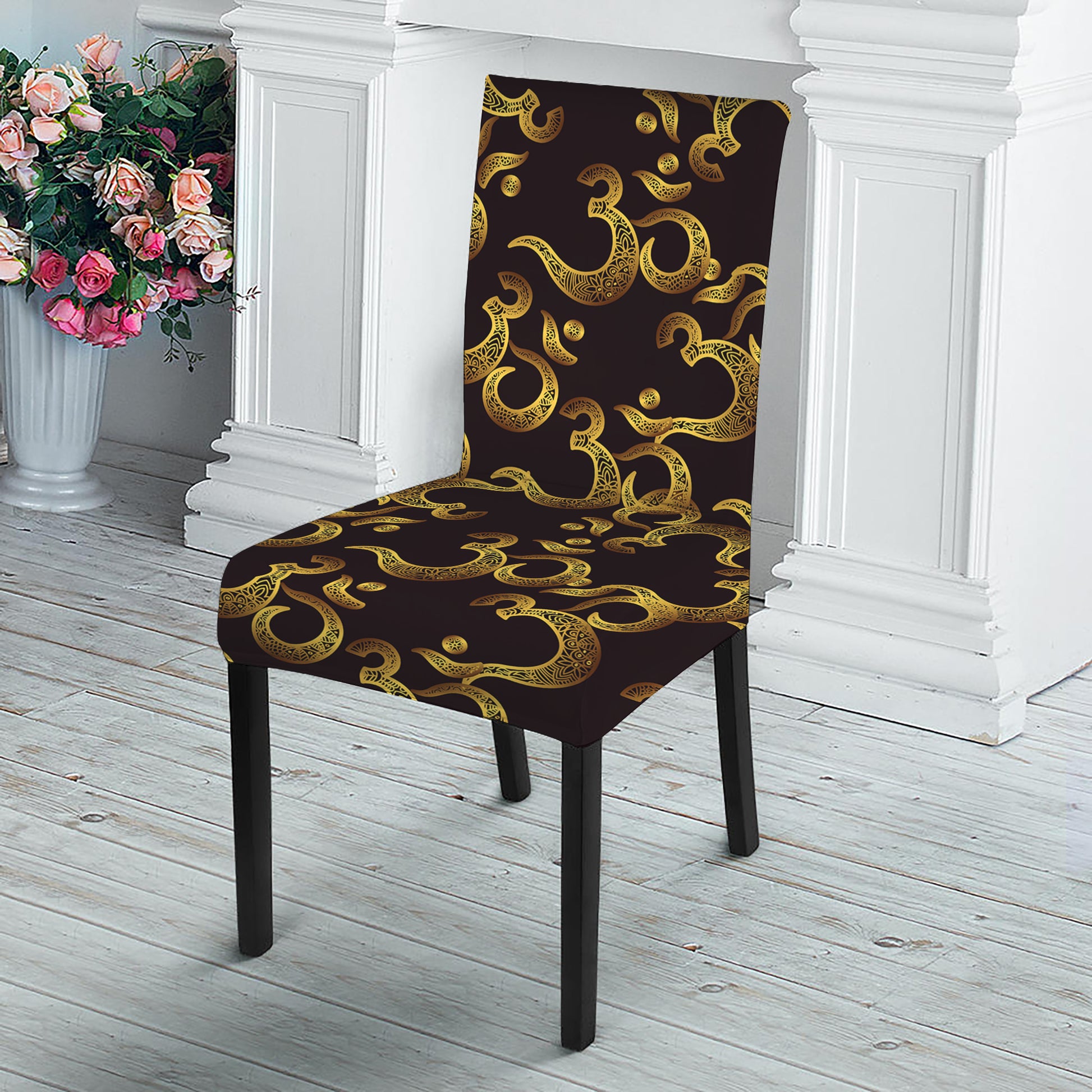 Gold Om Symbol Pattern Print Dining Chair Slipcover