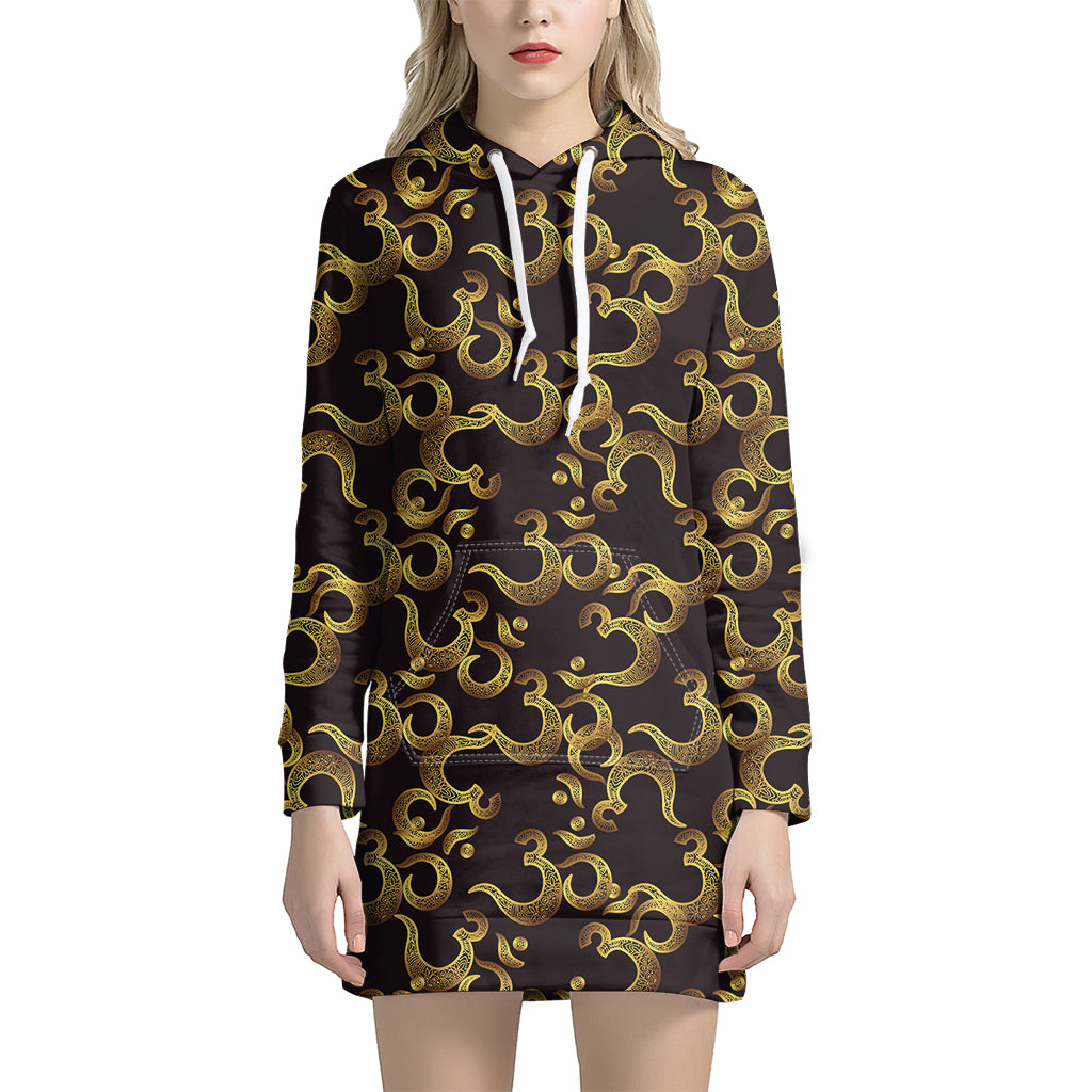 Gold Om Symbol Pattern Print Hoodie Dress