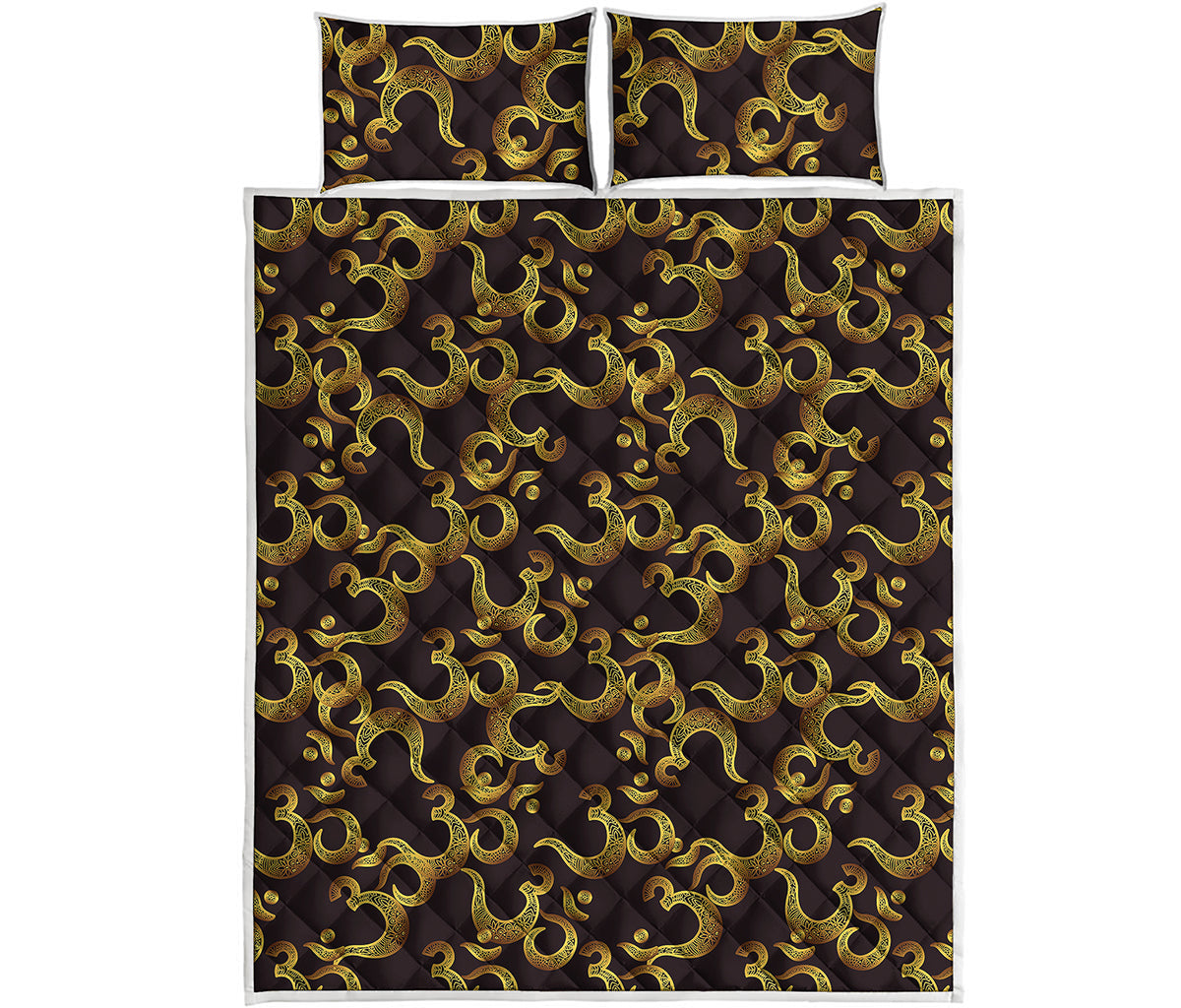 Gold Om Symbol Pattern Print Quilt Bed Set