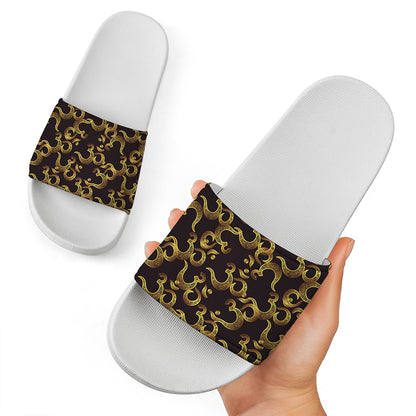 Gold Om Symbol Pattern Print White Slide Sandals