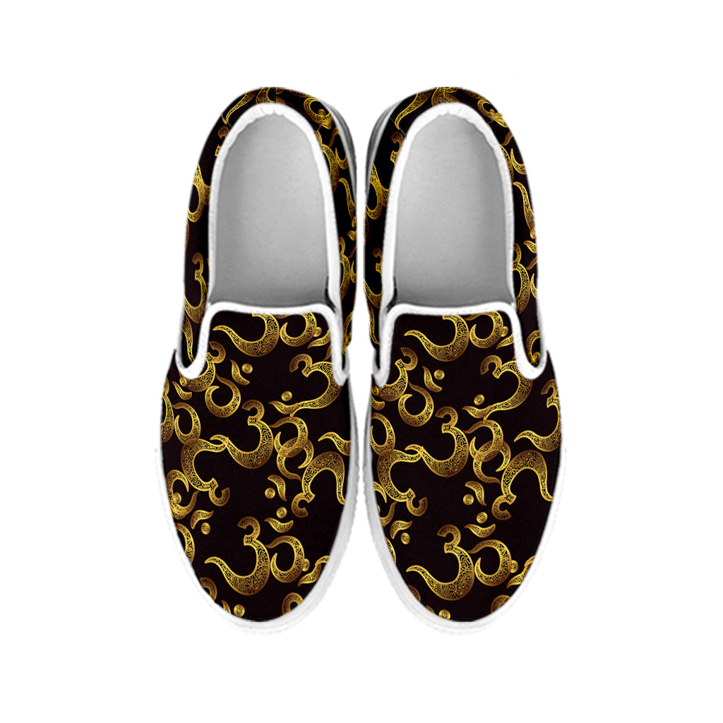 Gold Om Symbol Pattern Print White Slip On Shoes