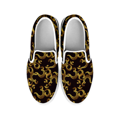 Gold Om Symbol Pattern Print White Slip On Shoes
