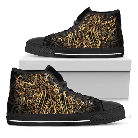 Gold Owl Spirit Print Black High Top Shoes