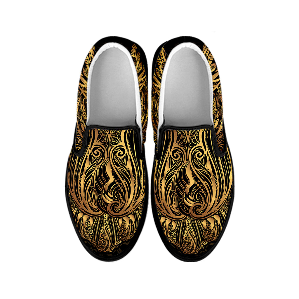 Gold Owl Spirit Print Black Slip On Shoes