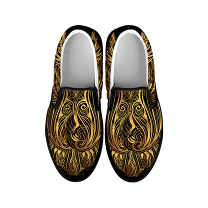 Gold Owl Spirit Print Black Slip On Shoes