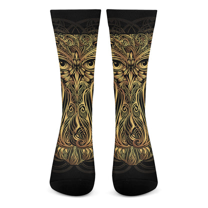 Gold Owl Spirit Print Crew Socks