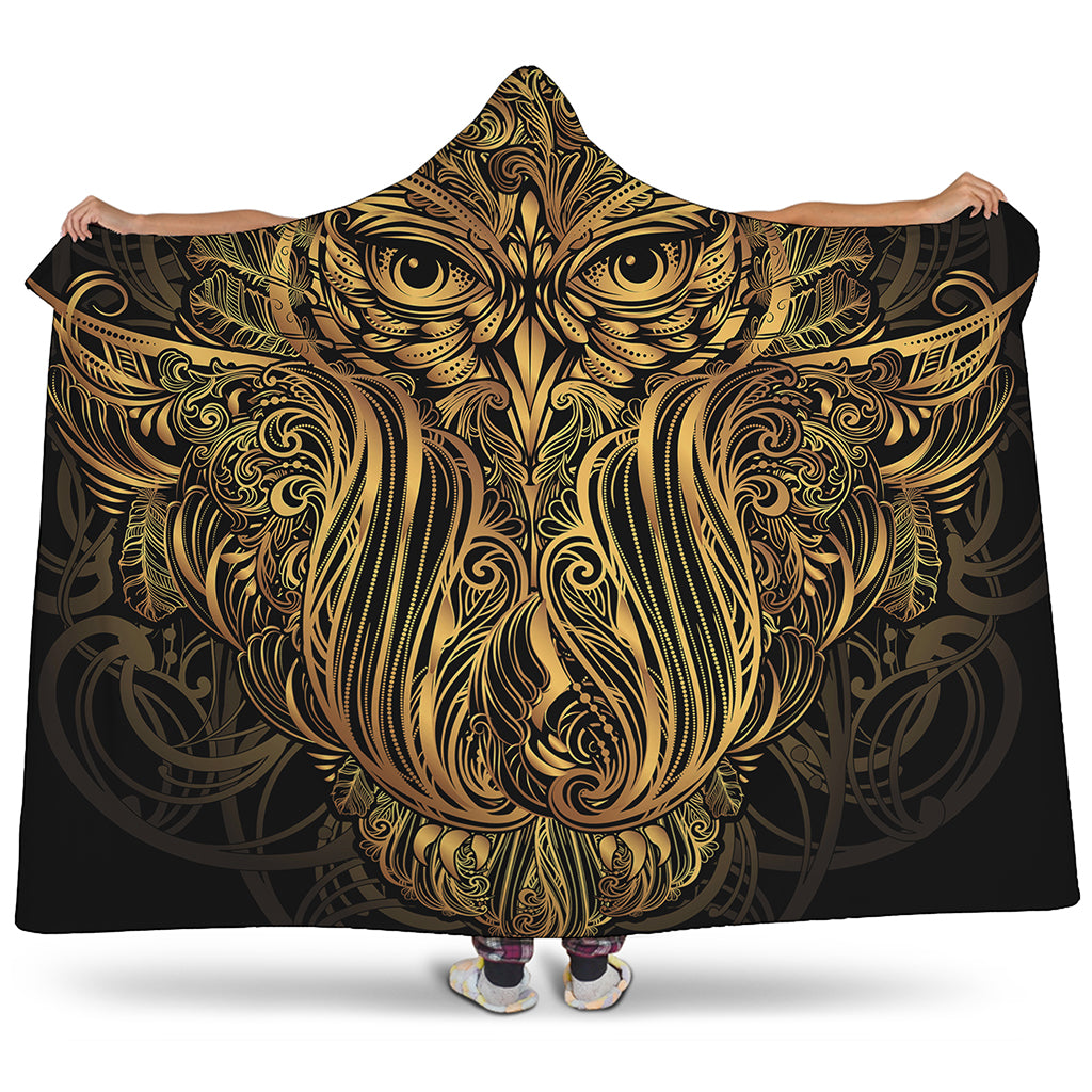Gold Owl Spirit Print Hooded Blanket