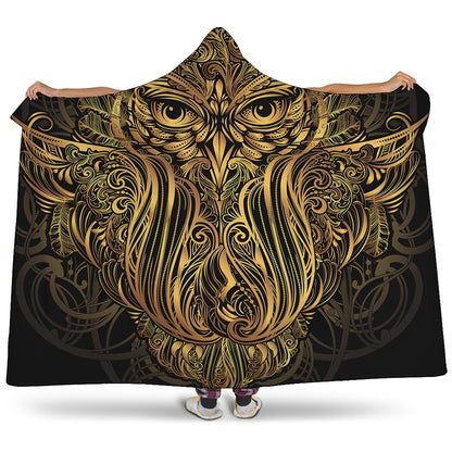 Gold Owl Spirit Print Hooded Blanket