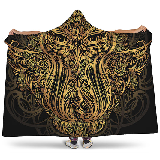 Gold Owl Spirit Print Hooded Blanket