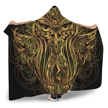 Gold Owl Spirit Print Hooded Blanket