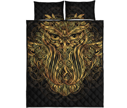 Gold Owl Spirit Print Quilt Bed Set