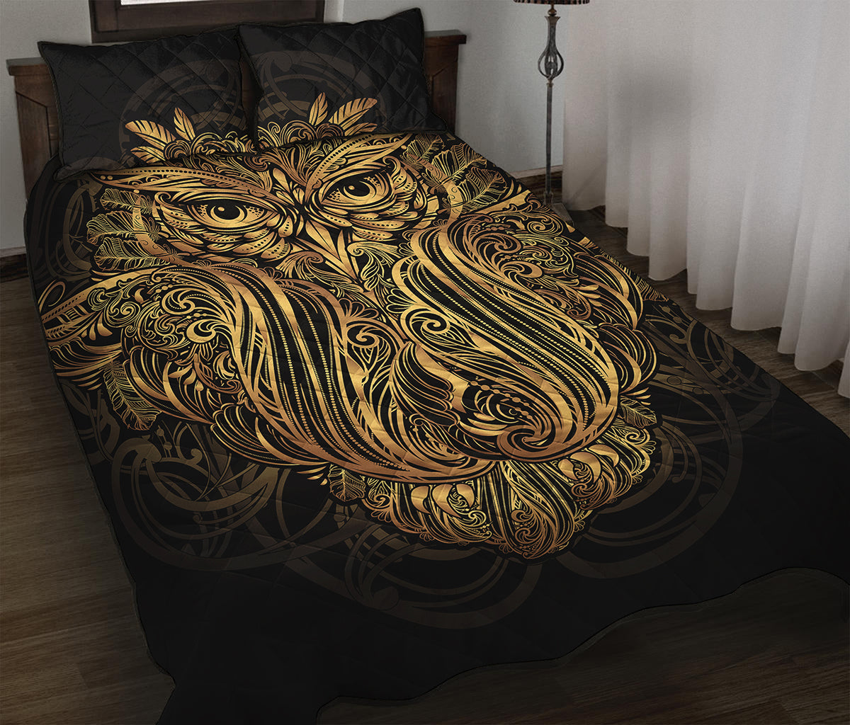 Gold Owl Spirit Print Quilt Bed Set