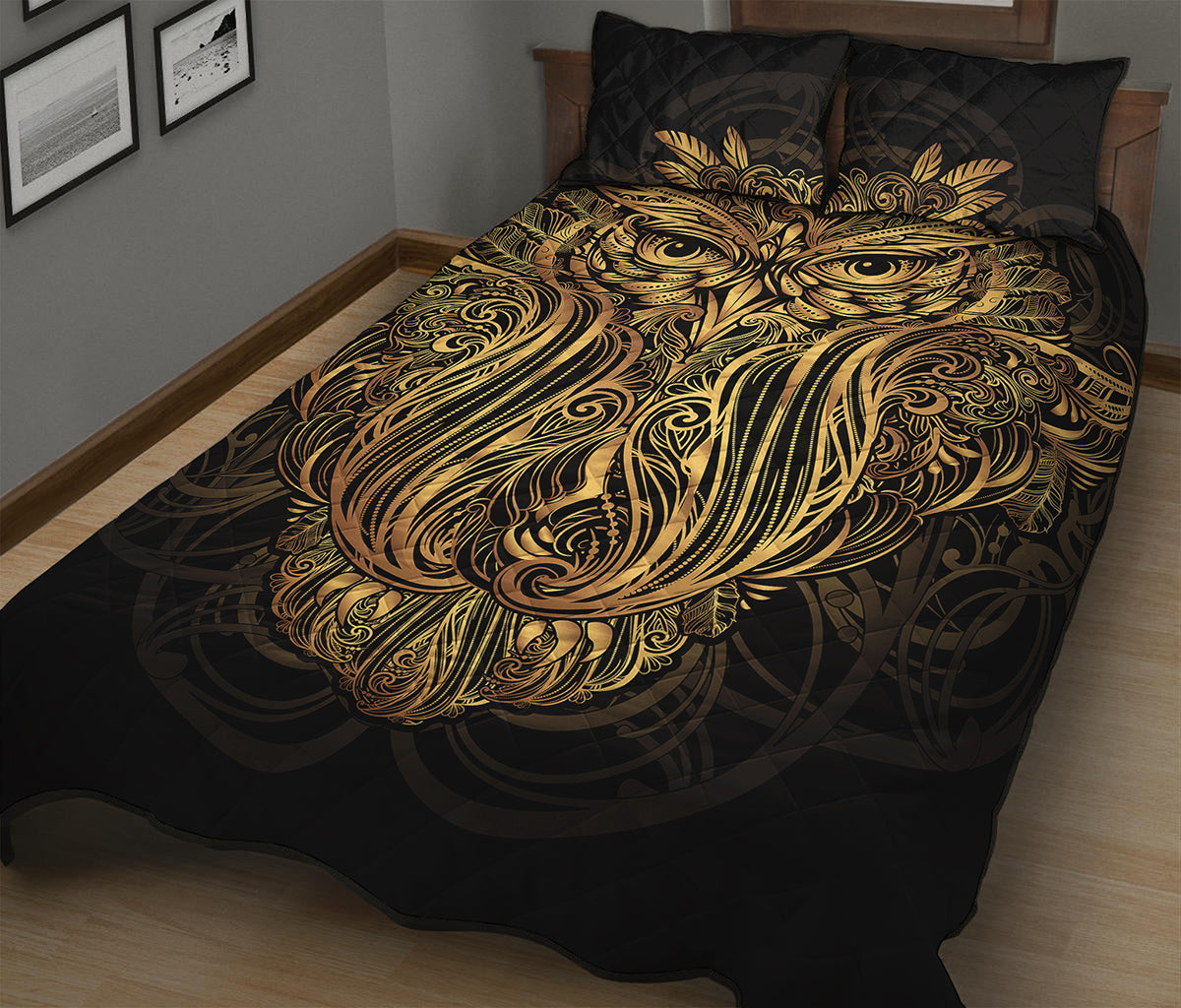 Gold Owl Spirit Print Quilt Bed Set