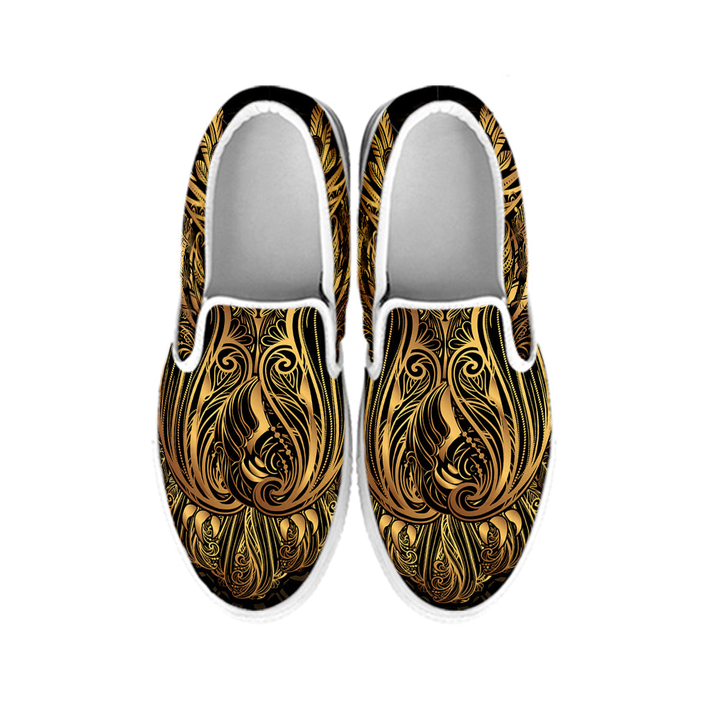 Gold Owl Spirit Print White Slip On Shoes