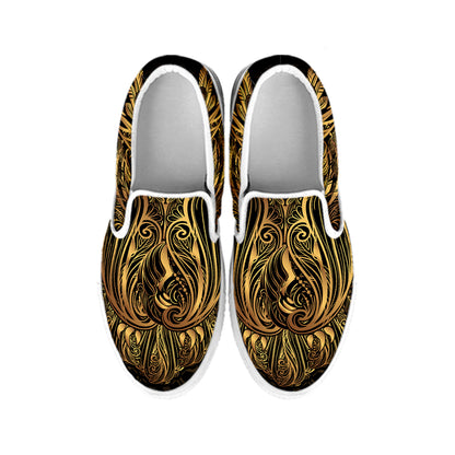 Gold Owl Spirit Print White Slip On Shoes