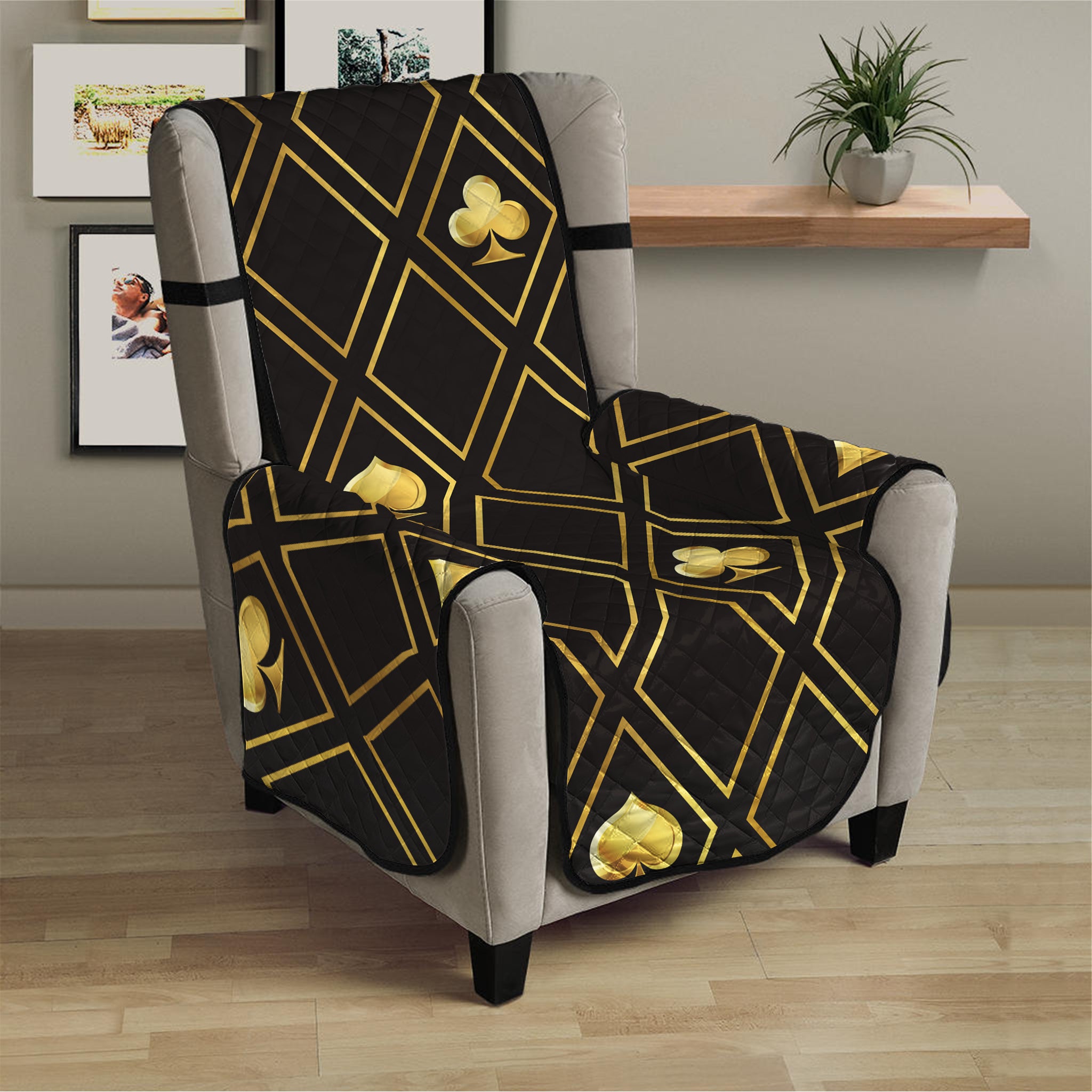 Gold Playing Card Suits Pattern Print Armchair Protector