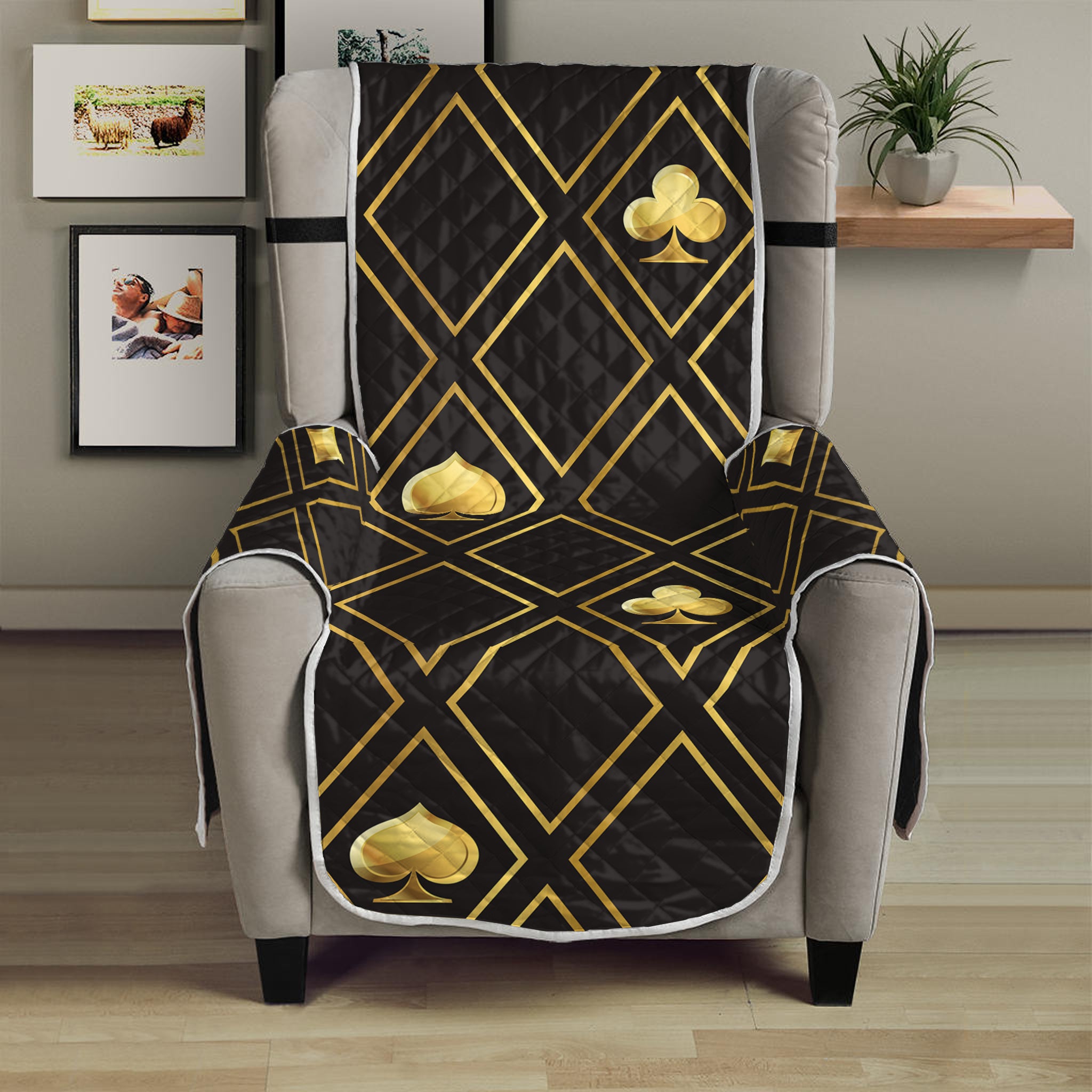 Gold Playing Card Suits Pattern Print Armchair Protector