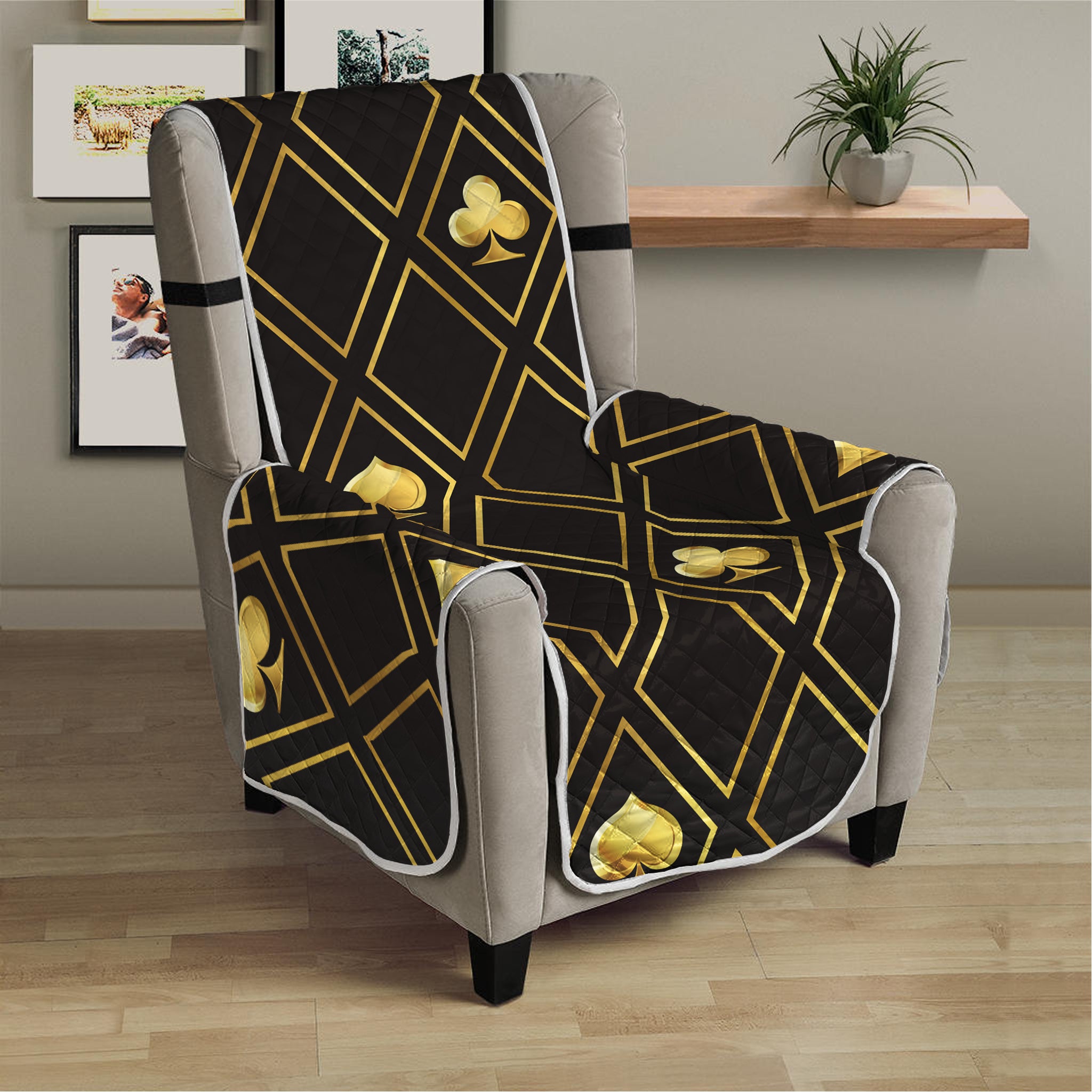 Gold Playing Card Suits Pattern Print Armchair Protector