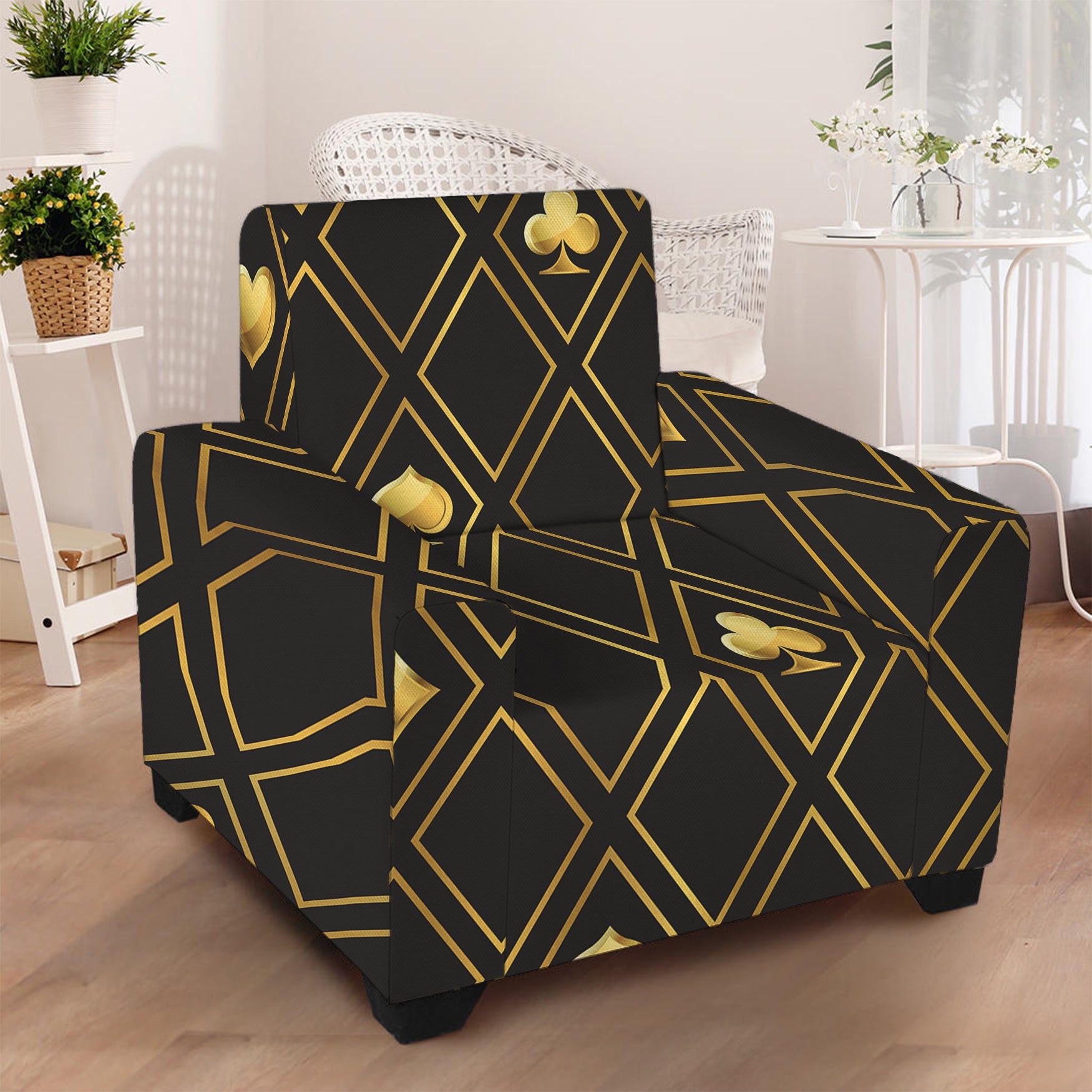 Gold Playing Card Suits Pattern Print Armchair Slipcover