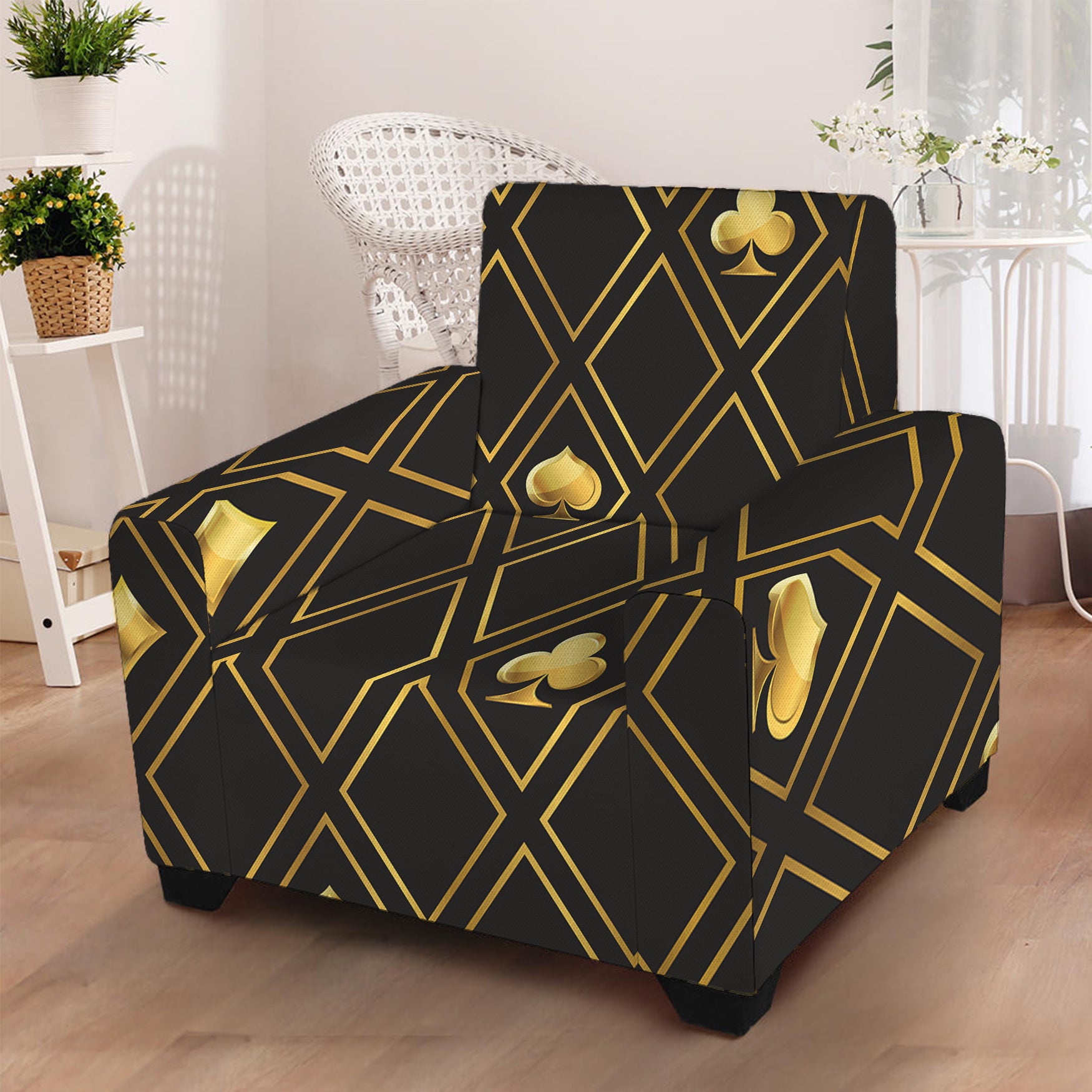 Gold Playing Card Suits Pattern Print Armchair Slipcover