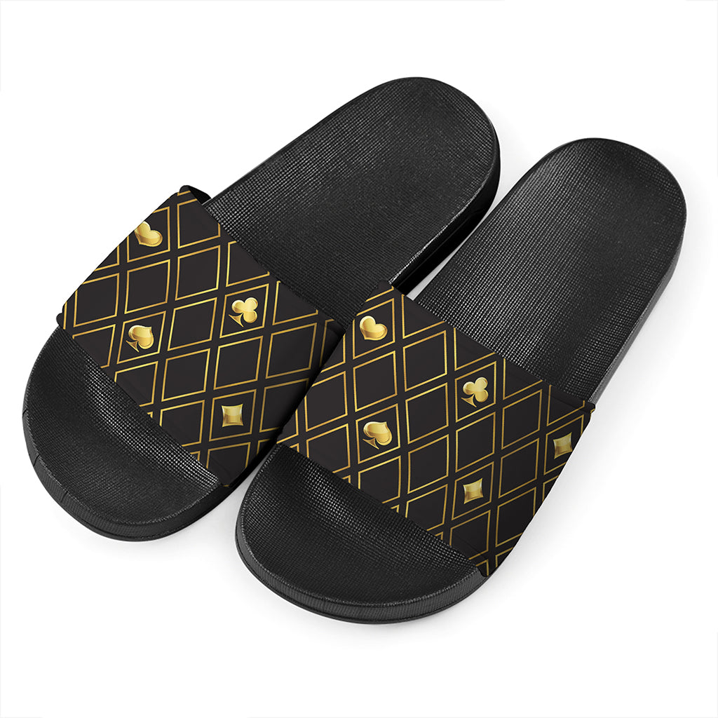 Gold Playing Card Suits Pattern Print Black Slide Sandals