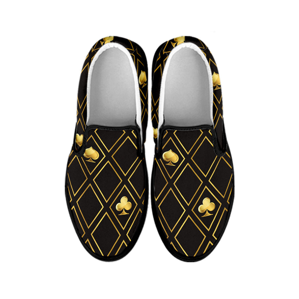 Gold Playing Card Suits Pattern Print Black Slip On Shoes