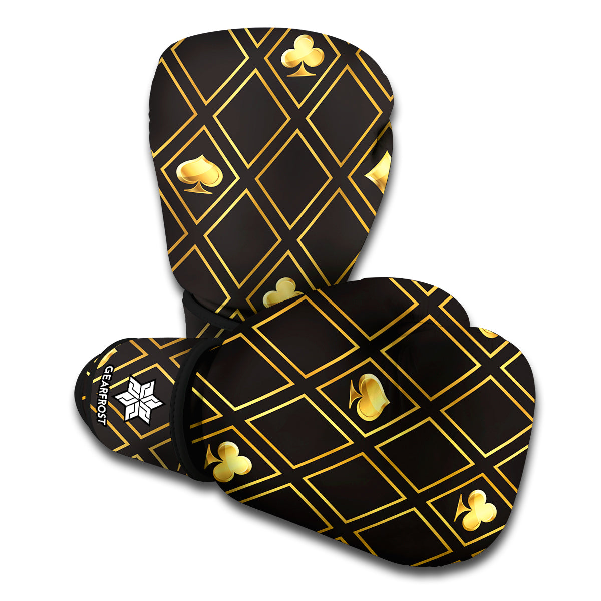 Gold Playing Card Suits Pattern Print Boxing Gloves