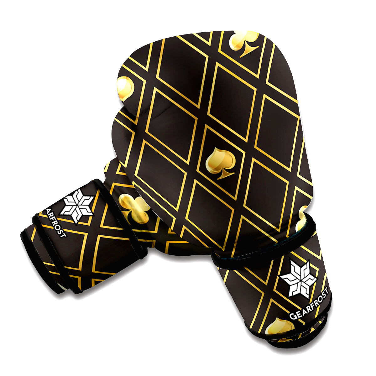 Gold Playing Card Suits Pattern Print Boxing Gloves