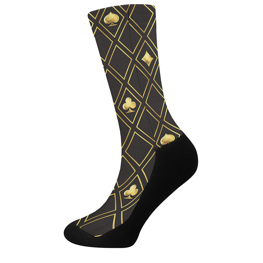 Gold Playing Card Suits Pattern Print Crew Socks