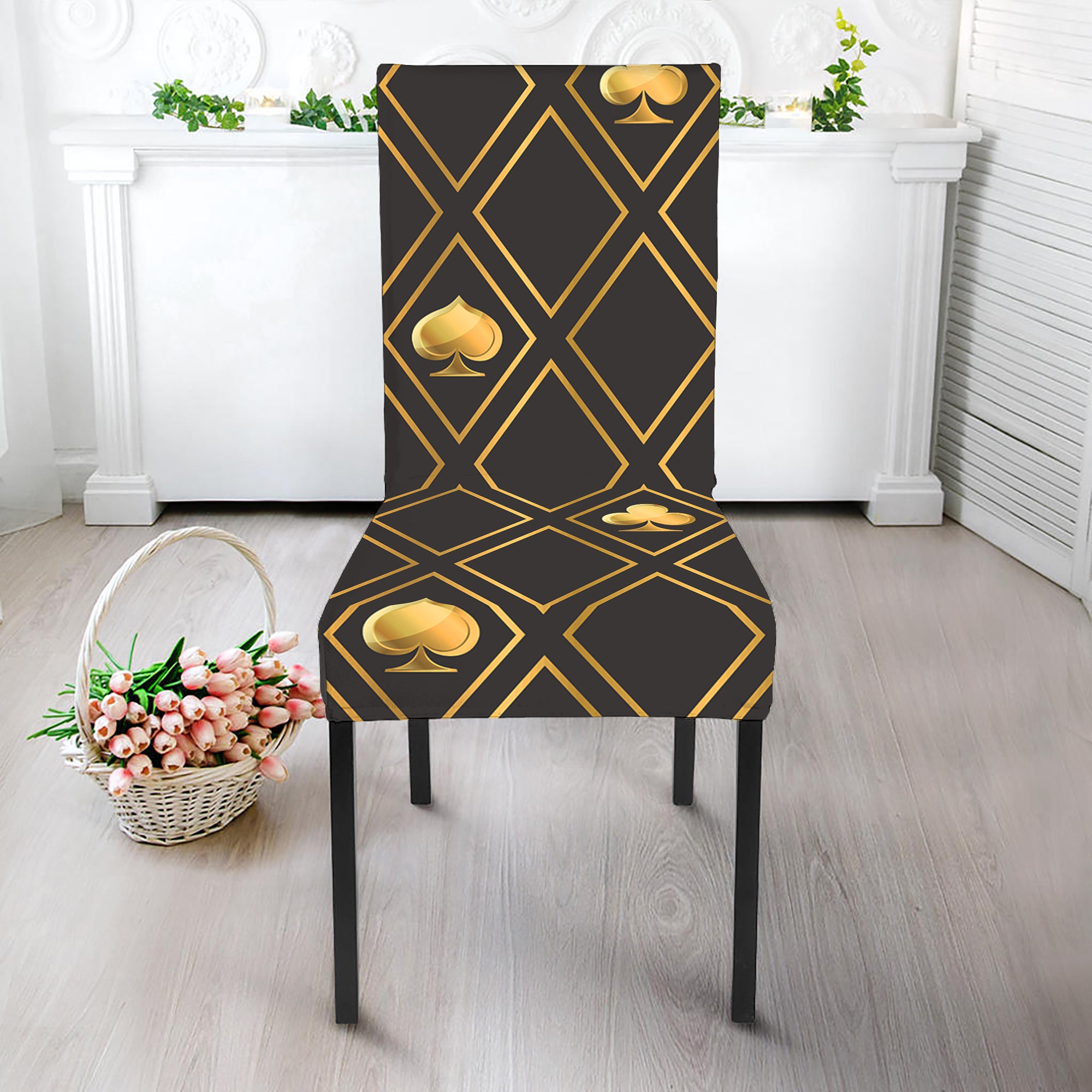 Gold Playing Card Suits Pattern Print Dining Chair Slipcover