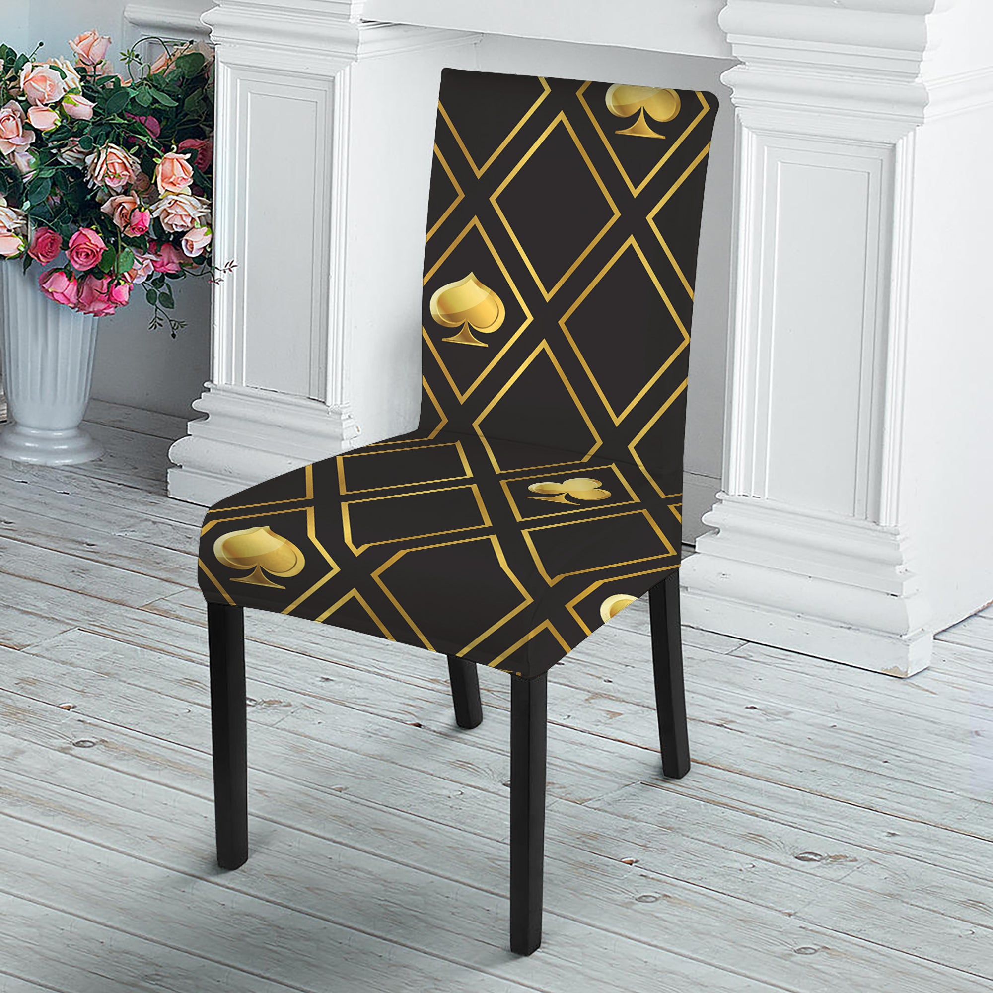 Gold Playing Card Suits Pattern Print Dining Chair Slipcover