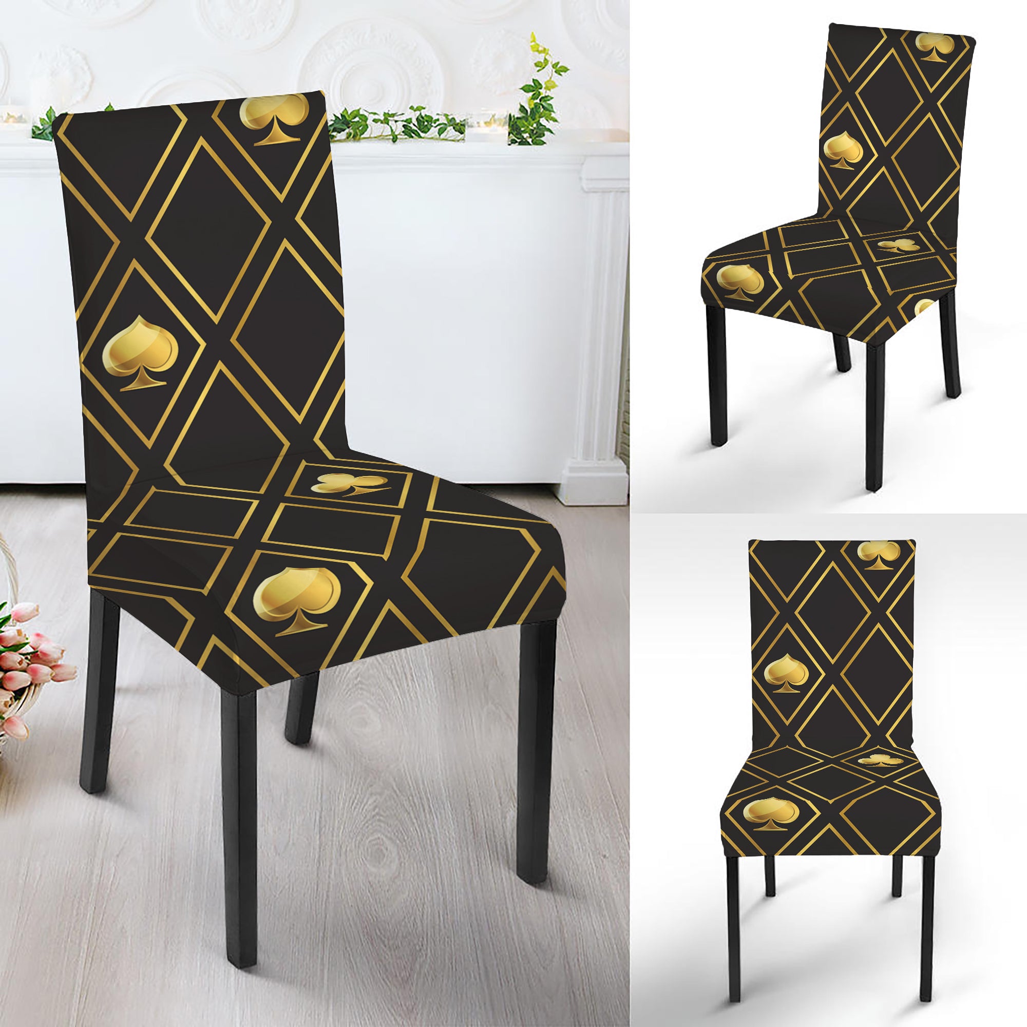 Gold Playing Card Suits Pattern Print Dining Chair Slipcover