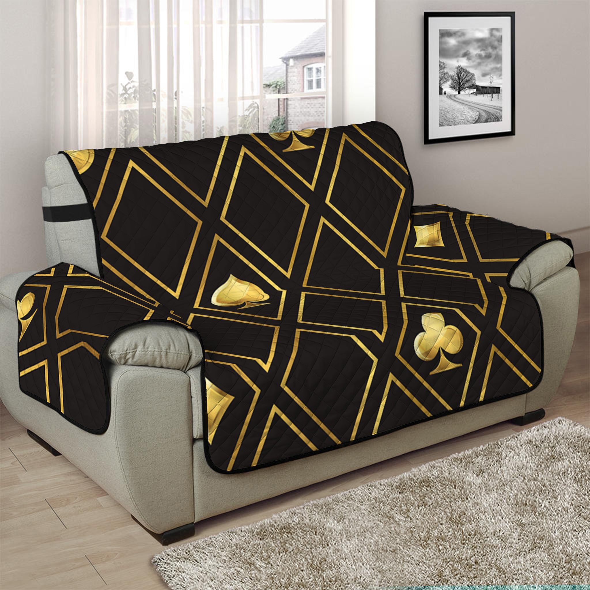 Gold Playing Card Suits Pattern Print Half Sofa Protector