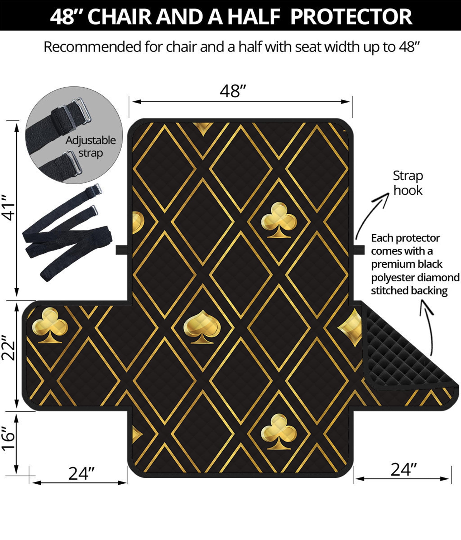 Gold Playing Card Suits Pattern Print Half Sofa Protector