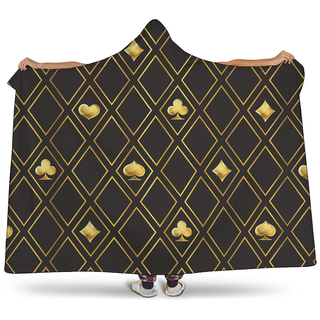 Gold Playing Card Suits Pattern Print Hooded Blanket