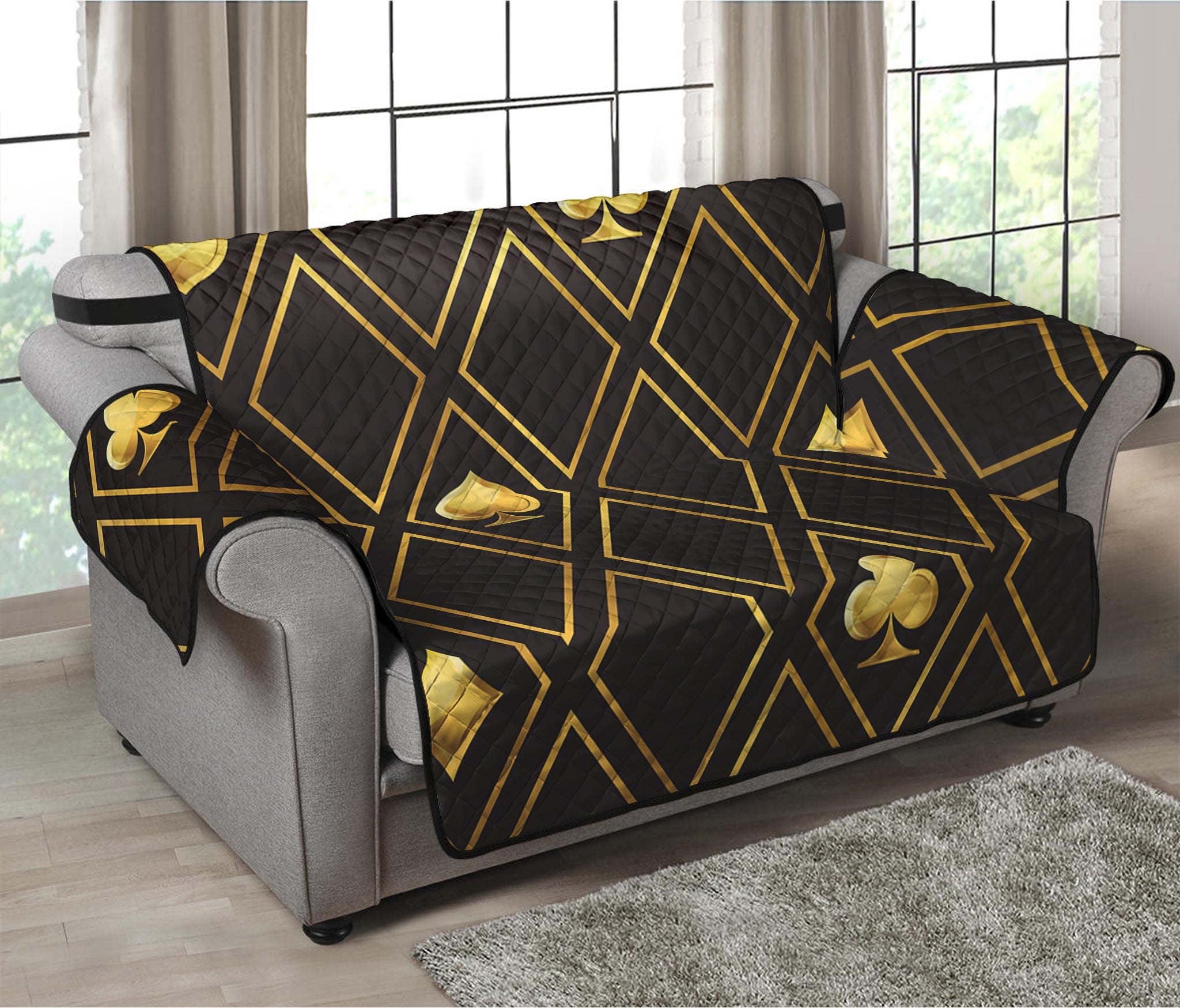 Gold Playing Card Suits Pattern Print Loveseat Protector