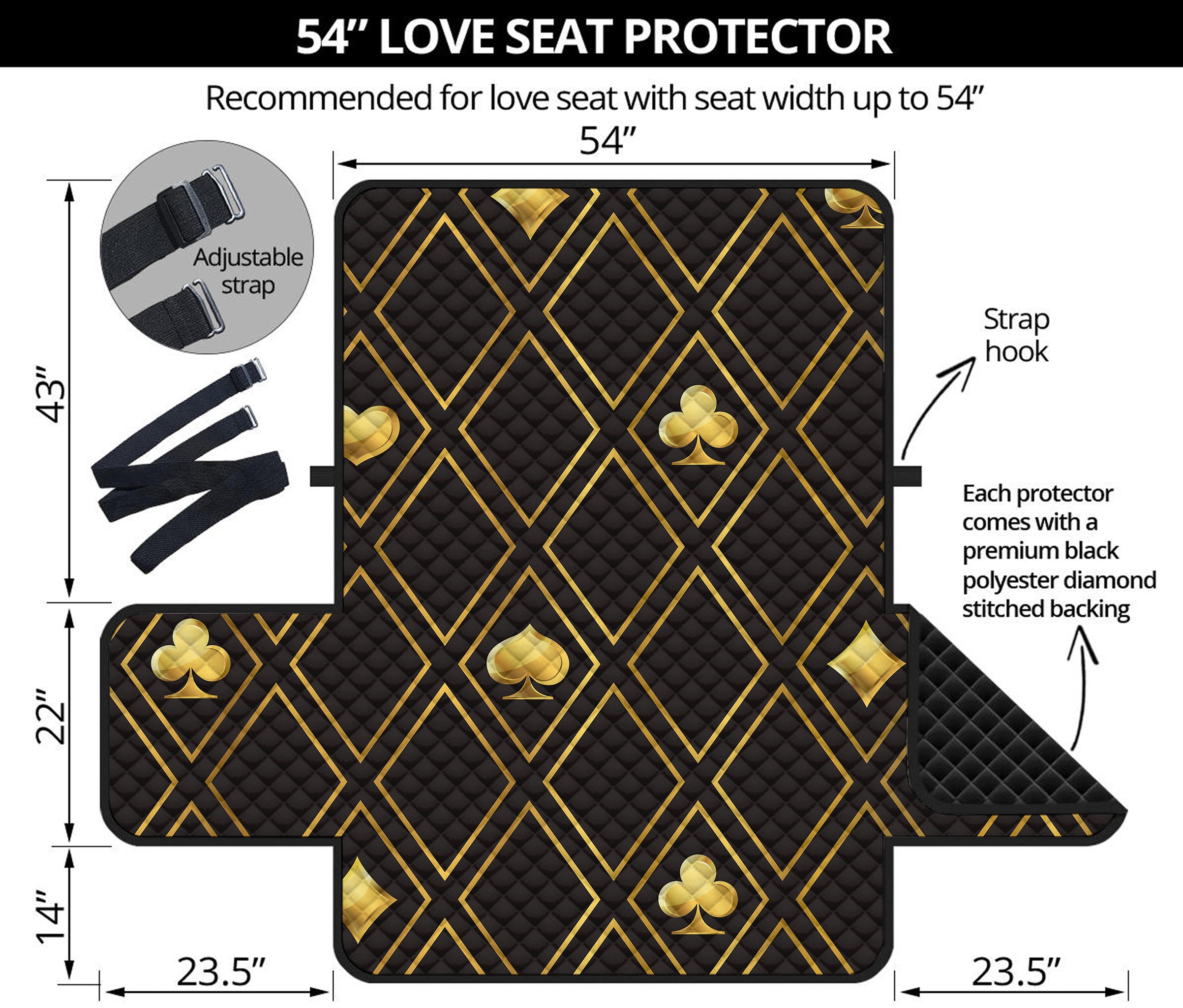 Gold Playing Card Suits Pattern Print Loveseat Protector