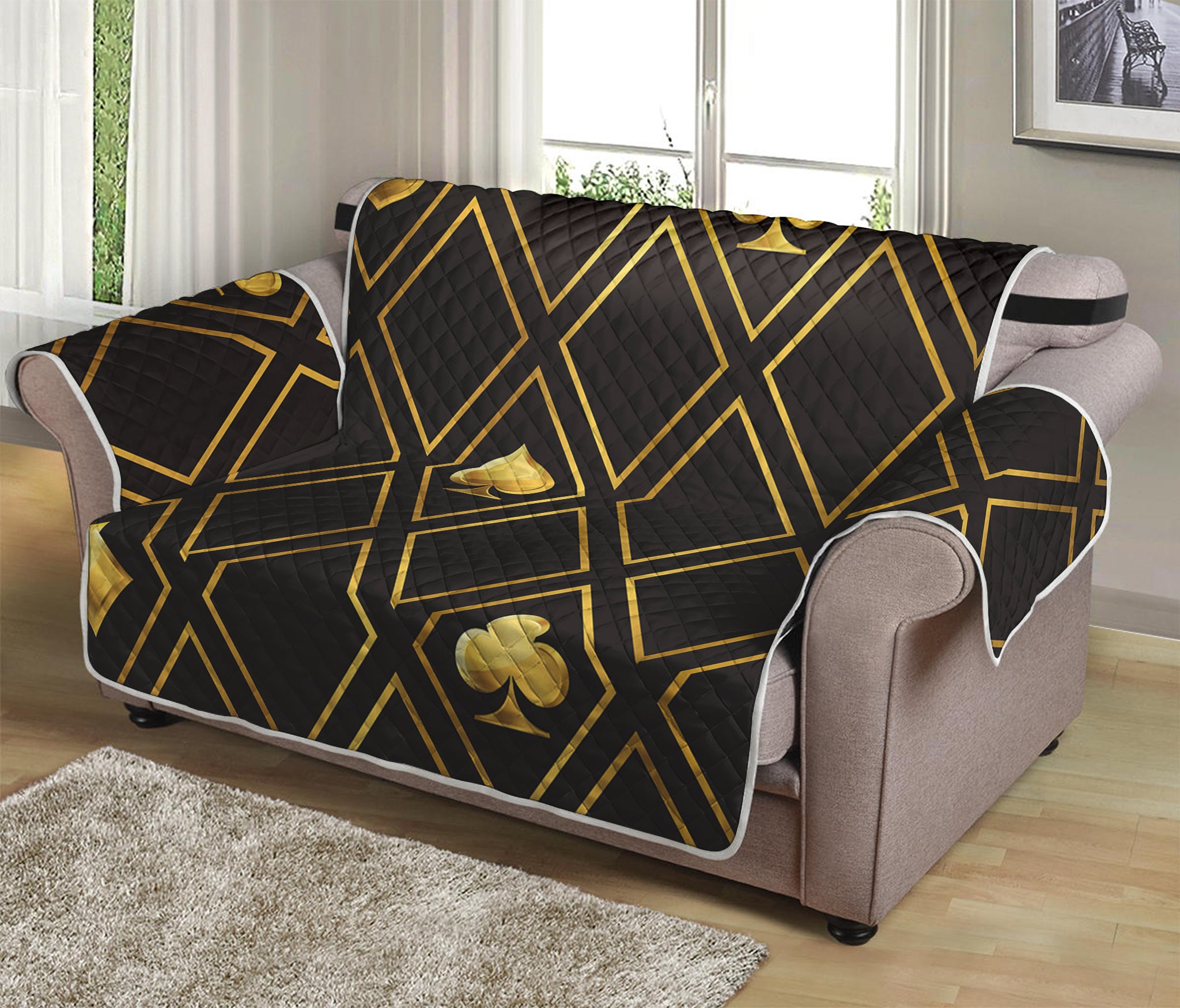 Gold Playing Card Suits Pattern Print Loveseat Protector