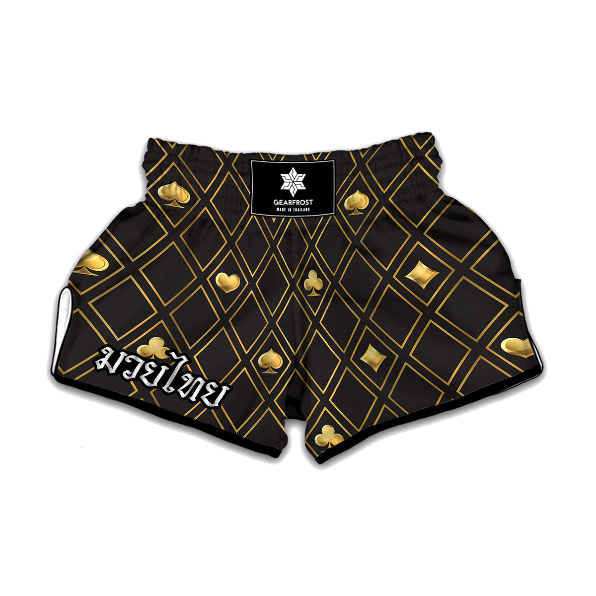 Gold Playing Card Suits Pattern Print Muay Thai Boxing Shorts