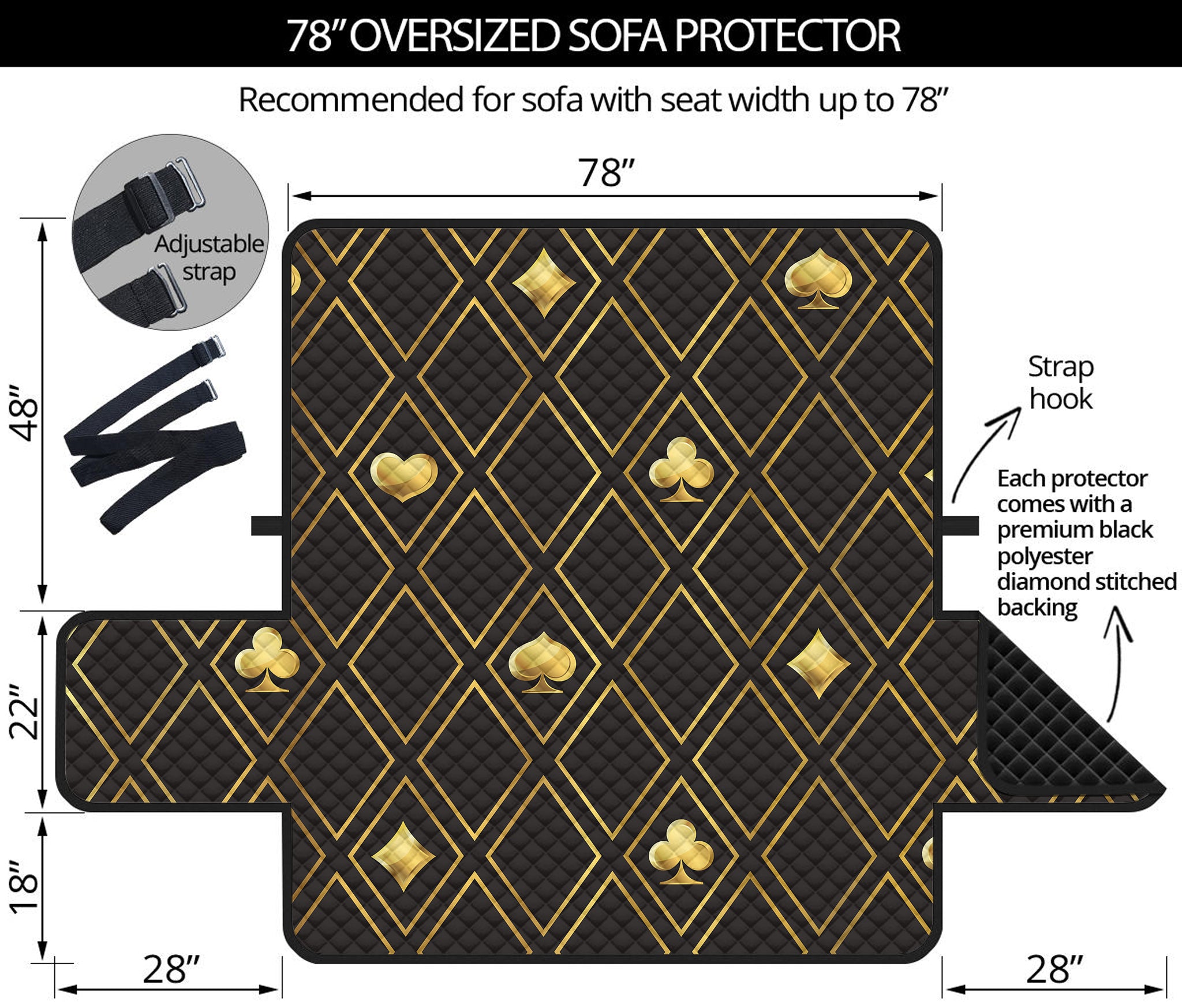 Gold Playing Card Suits Pattern Print Oversized Sofa Protector