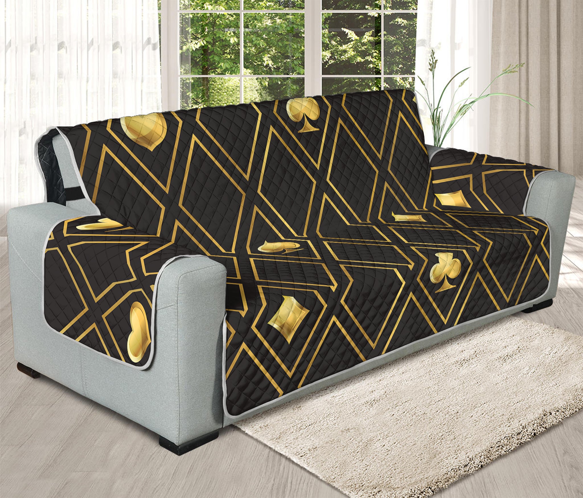 Gold Playing Card Suits Pattern Print Oversized Sofa Protector