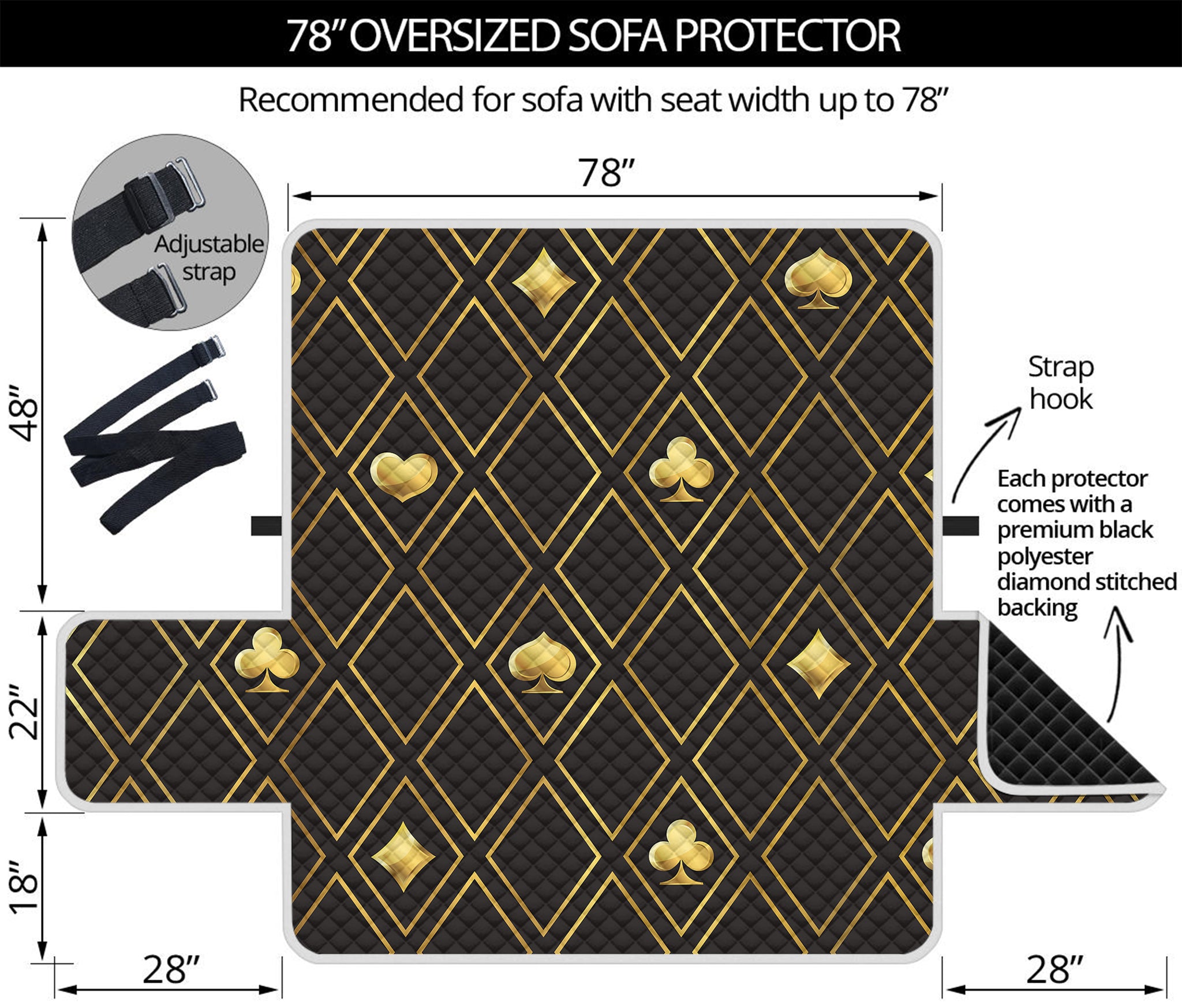 Gold Playing Card Suits Pattern Print Oversized Sofa Protector